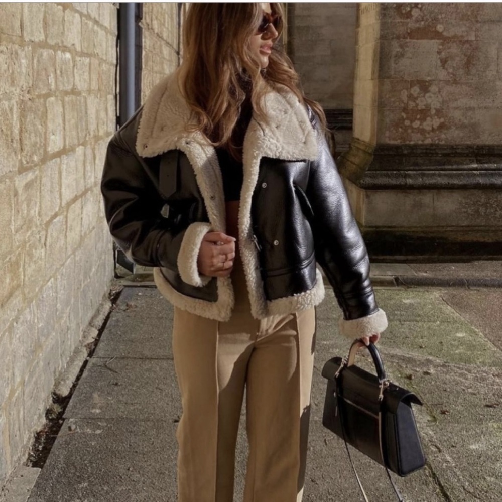 Zara Black and Cream Vegan Leather Jacket
